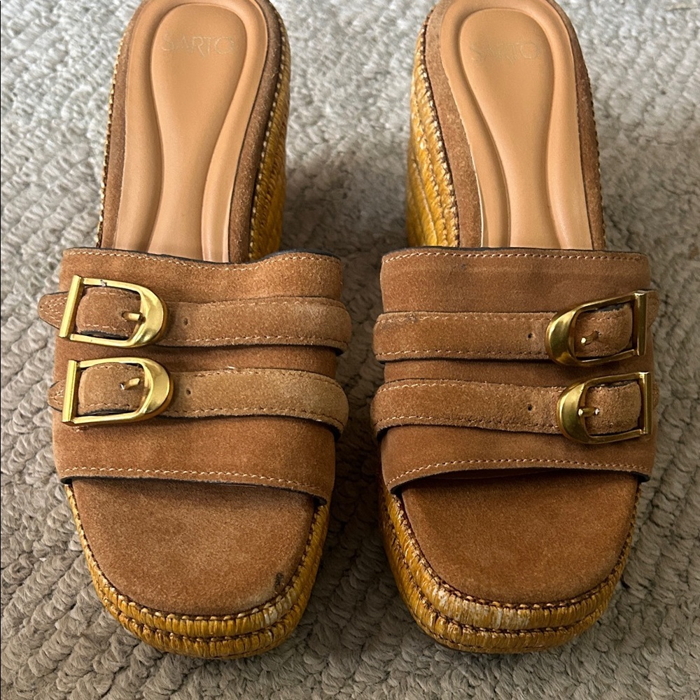 Sarto Womens Tan Suede Platform Espadrille Slide - Picture 2 of 12
